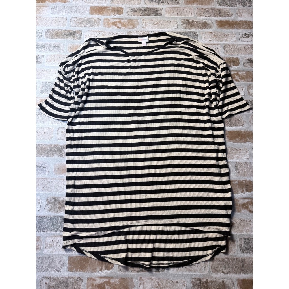 LuLaRoe Striped Tunic Top Womens Medium Black White Ribbed High Low Short Sleeve